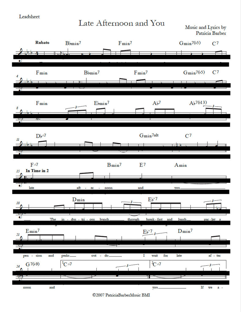 Patricia Barber "Late Afternoon and You" (in key of C) Lead Sheet DIGITAL