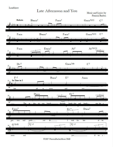Patricia Barber "Late Afternoon and You" (in key of C) Lead Sheet DIGITAL