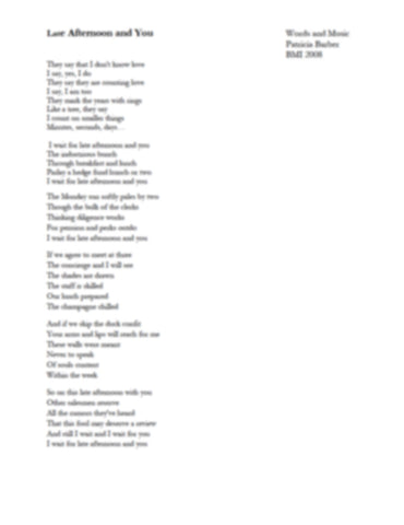 Patricia Barber "Late Afternoon and You" (in key of C) Lead Sheet DIGITAL