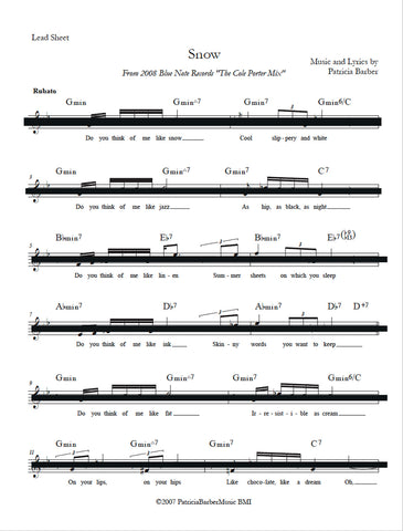 Patricia Barber "Snow" (in key of Gm) Lead Sheet DIGITAL