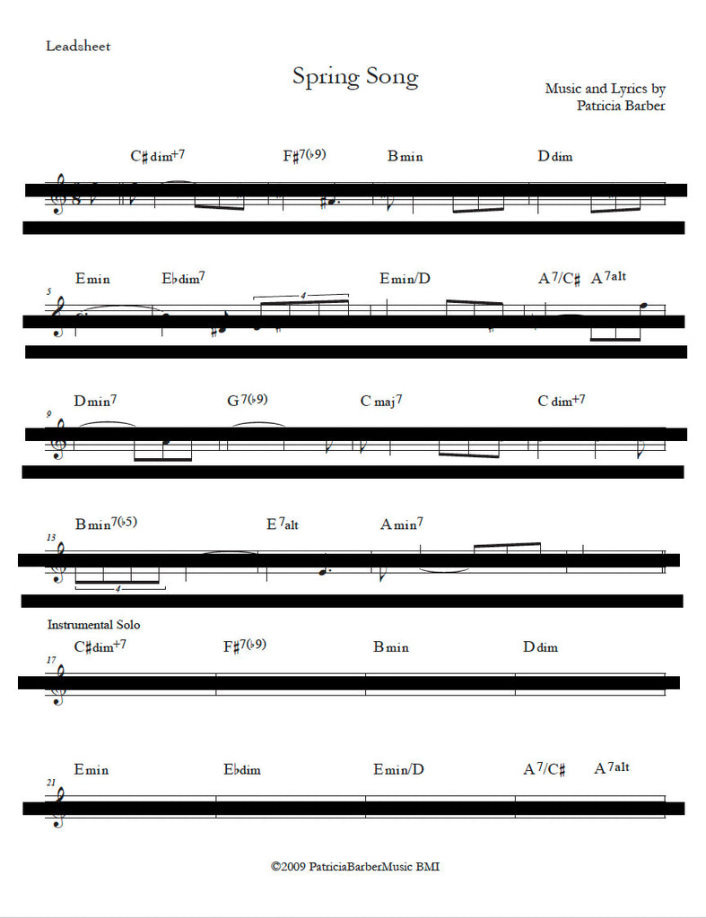 Patricia Barber "Spring Song" (in key of Am) Lead Sheet DIGITAL